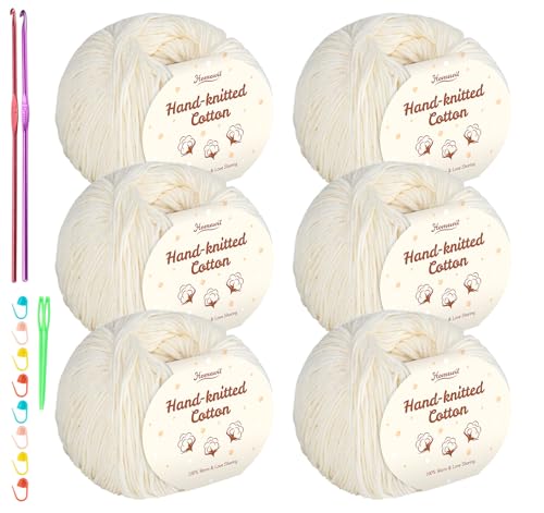 Baumwolle Beige 6er, 100% Baumwollgarn für Baby Superweiche Kindermilch Häkel- & Strickgarn - (50 g/Ball) mit 2 Metallhäkelhaken (2,5-3,5 mm) Baby Fluffy Ball zum Handstrickgarn von Homewit