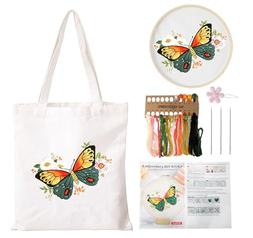 Homewit Canvas Tote Bag Erwachsene, Stickset für Anfänger Tasche DIY Handgemachte Kreuzstich Set mit Stickerei Tasche Weiß Schmetterlings Taschen, Stickrahmen, Farbfäden, Anleitungen und Werkzeug von Homewit