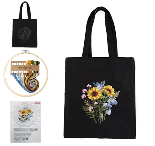 Tote Bag Stickset für Anfänger, Canvas Taschen Stickset Schwarze DIY Sticktasche Set mit Sticken Set Erwachsene, Stickrahmen, Farbfäden, Anleitungen und Werkzeug, 24,5 * 10 * 38,5cm von Homewit