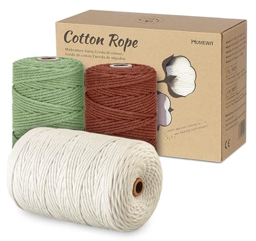 Makramee Garn 3mm Set, Homewit 400 m Natürliches Qetlavee, Baumwolle Garn in 3 Farben, Makramee Starter Set, Geeignet für Bastelarbeiten, Stricken, Dekoration im Bohème-Stil, Wanddekoration von Homewit