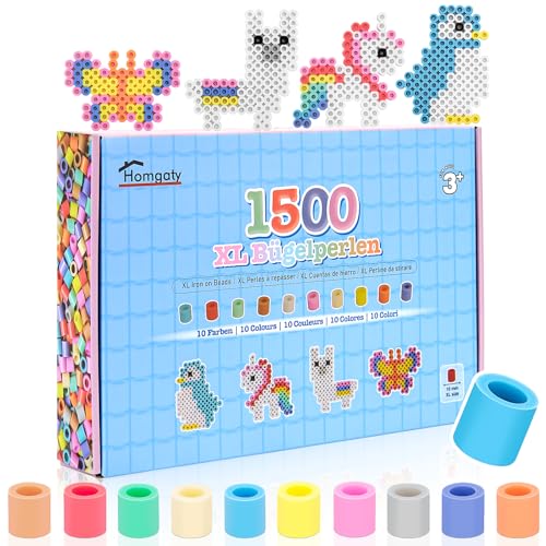 Homgaty 1500 Stück Große Bügelperlen 10mm mit Steckplatten und Bügelpapier, 10 Macaron Pastell Farben XL Steckperlen Nachfüllset, Kreatives Perlenset für Kinder ab 3 Jahren von Homgaty