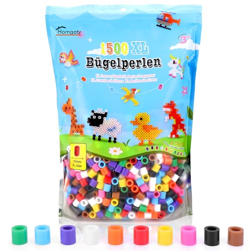 Homgaty Große 10mm Bügelperlen Set, 1500 Stück Steckperlen XL, 10 Bunte Farben XL Bügelperlen Nachfüllpack, Kreatives Perlenset für Kinder ab 3 Jahren von Homgaty