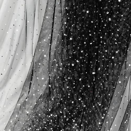 Homiest Glitzernde Tüllstoffrollen mit Stern-Mond-Pailletten, 9,1 m x 137,2 cm breit, schwarze Tüllrollen für Tutu-Rock, Brautschleier, Hochzeitsbogen, Party-Dekorationen von Homiest