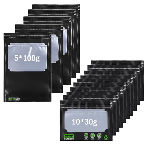 Homiflex 15 Stück Wiederverwendbare Aufbewahrungsbeutel - 10 x 30g + 5 x 100g, Luftdichte Aufbewahrungsbeutel mit Integrierter Feuchtigkeitskontrolle (58-62%) RH, Sauerstoff und UV-Schutz von Homiflex