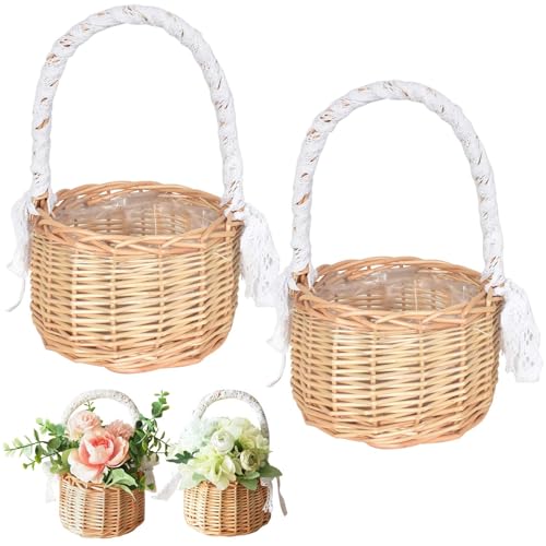 2 Stück Blumenkorb Hochzeit, 13 x 13 cm Kleiner Weidenkorb mit Henkel, Geflochtener Blumenkorb, Lace Gewebter Blumenkorb, Hochzeit Streukörbchen, Für Party, Festival, Tischdeko von Homirty