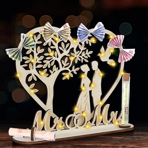 Geldgeschenk Hochzeit Holz mit LED Lichterkette, Hochzeitsgeschenk für Brautpaar, Herzförmiges Geldgeschenk aus Holz,Hochzeitstag Geschenk Mr & Mrs, Lebensbaum Wunscherfüller mit Lichtern Geldgeschenk Hochzeit Holz mit LED Lichterkette, Hochzeitsgeschenk für Brautpaar, Herzförmiges Geldgeschenk aus Holz,Hochzeitstag Geschenk Mr & Mrs, Lebensbaum Wunscherfüller mit Lichtern von Homirty