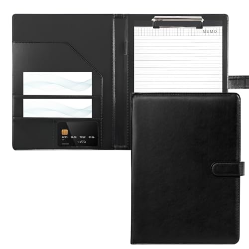 Klemmbrett A4 mit Deckel – Premium Klemmbrettmappe aus PU-Leder, Schreibmappe A4 mit Dokumentenfächern, Stiftehalter & Magnetverschluss – Strapazierfähige Konferenzmappe (Schwarz) von Homirty
