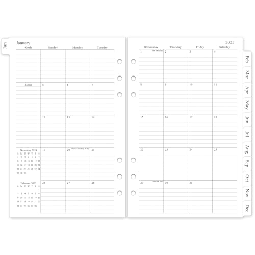 Monatsplaner 2025, Nachfüllpackung, A5-Einlagen für 6 Löcher, 12 Kalender mit Reitern, 14 x 21,6 cm, 6-fach gelocht von Homlive