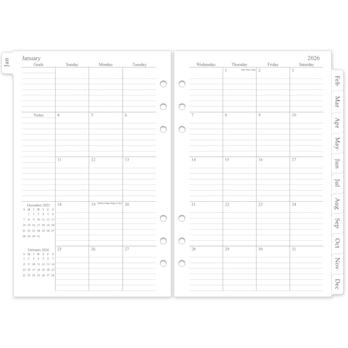 Monatsplaner Nachfüllpackung 2026, A5 Medium Planer Einlagen für 6 Löcher, 14 x 21,6 cm, Januar 2026 - Dez. 2026, 12 Monatskalender mit laminierten Reitern, 6-fach gelocht von Homlive