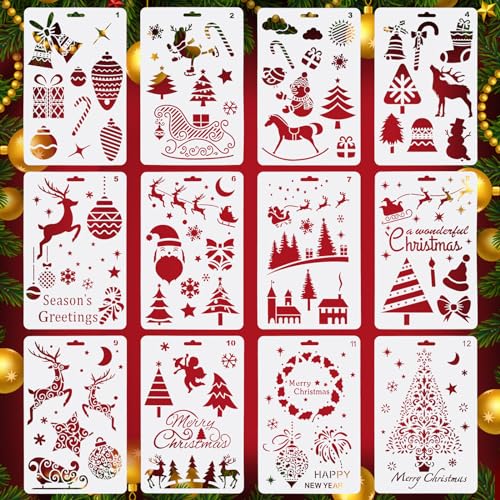 12 Stück Schablone Weihnachten, Schablonen Kinder, Schablonen Vintage, Malschablonen Kinder, Weihnachtsschablonen Schneespray Fenster, Zeichenschablonen Kinder, Kunststoff Schablone (26 X 18cm) von Homo Trends