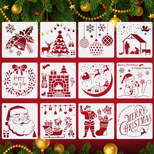 12 Stück Schablonen Weihnachten, Schablonen Kinder, Schablonen Vintage, Malschablonen Kinder, Schneespray Fenster Schablone, Schneespray Schablonen, Kunststoff Weihnachtsschablonen (13 X 13cm) von Homo Trends