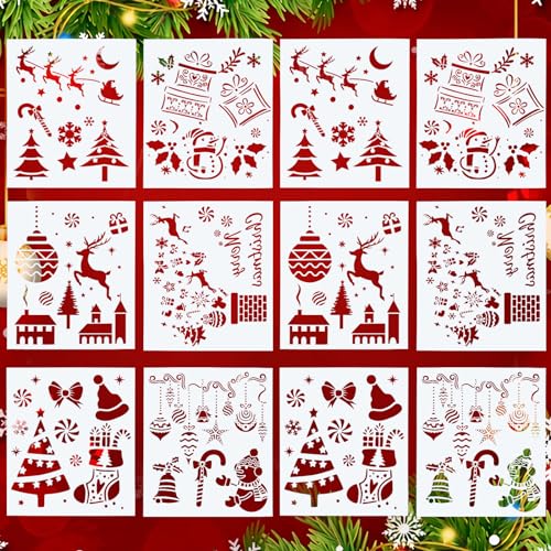 12 Stück Schablonen Weihnachten, Schablonen Kinder, Schablonen Vintage, Malschablonen Kinder, Weihnachtsschablonen, Zeichenschablonen Kinder, Kunststoff Schablone Wiederverwendbare (21 X 18cm) von Homo Trends