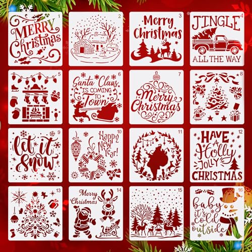 16 Stück Schablone Weihnachten, Schablonen Kinder, Schablonen Vintage, Malschablonen Kinder, Schneespray Fenster Schablone, Schneespray Schablone, Kunststoff Weihnachtsschablonen (15 X 15cm) von Homo Trends