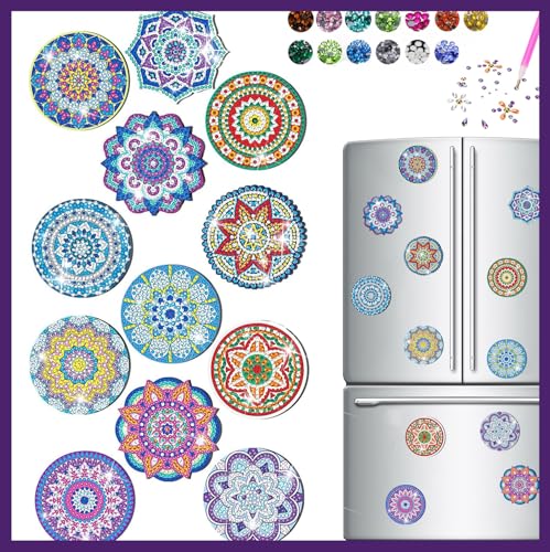 12 Stück Diamond Painting Kühlschrank Aufkleber Geschenke Mädchen ab 6 7 8 9 10 11 12 Jahre Geburtstagsgeschenk Bastelset Erwachsene Kinder Magnete DIY Set Mandala 5D Diamonds Küchen Deko von Homorro