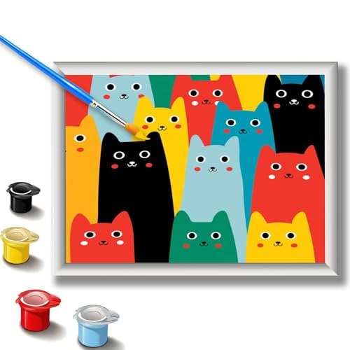 Malen Nach Zahlen Kinder Mit Rahmen Bastelset Basteln für Mädchen ab 5 6 7 8 9 10 11 Jahre DIY Set Bastelsets Kreatives Paint by Numbers Bastel Sachen Bastelsachen Geschenke Geschenk Ein Rudel Katzen von Homorro
