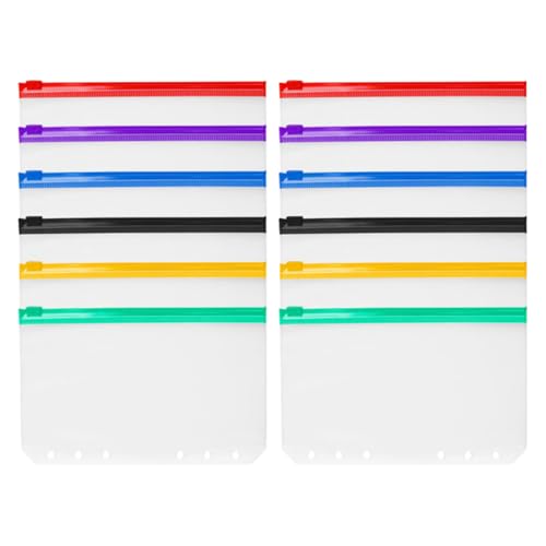 Homoyoyo 12 Stück Reißverschluss Taschen für Notizbuch Dokumentenhüllen aus PVC Farben Schwarz Rot Grün Gelb Blau für Karten und Papiere von Homoyoyo