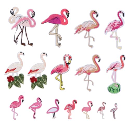 Homoyoyo 16 Stück Teiliges Flamingo Aufnäher Set Gestickte Patches zum Aufbügeln oder Aufnähen Dekorative Stoffabzeichen für Kleidung und Taschen Reparaturflicken mit Klaren Mustern und von Homoyoyo