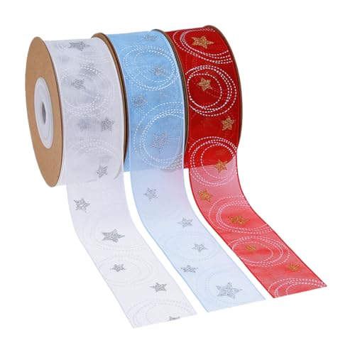 Homoyoyo 3 Rollen Weihnachtsband mit Stern Kreis-motiv Langlebiges Polyester Geschenkband für Geschenkverpackung DIY Basteln und Festliche Weihnachtsdeko in Weiß Blau Rot von Homoyoyo