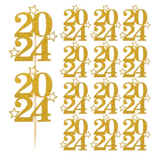 Homoyoyo 30 Glitzernde Cupcake-Topper „Frohes Neues Jahr 2024“ Goldfarbene Cupcake-Topper „Prost Auf 2024“ Kuchenspießer Für Silvester-Partyzubehör Dekorationen von Homoyoyo