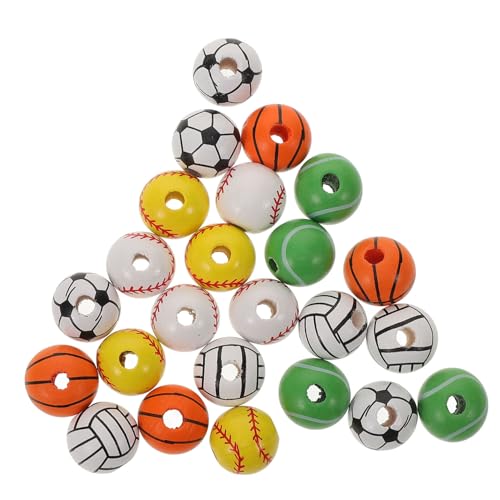 Homoyoyo 30Stücke DIY Holzperlen für Bastelprojekte Runde Perlen mit Sportmotiven Fußball Volleyball Basketball Vielseitige Holzperlen für Schmuckherstellung von Homoyoyo