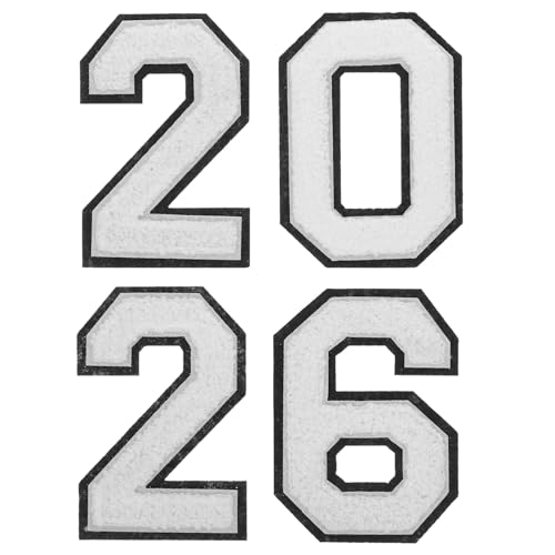 Homoyoyo 4 Stück 2026 Aufbügler Nummer Patches für Kleidung, Hüte, Taschen, weiß, DIY Chenille bestickte Applikationen für Team-Trikots und Abschlussoutfits von Homoyoyo