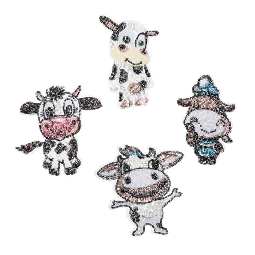 Homoyoyo 4 Stück Teiliges Niedliche Kuh Aufnäher Pailletten Bestickte Applikationen für Kleidung und Taschen Langlebige Cartoon Tier Patches zum Aufnähen und Dekorieren von Homoyoyo
