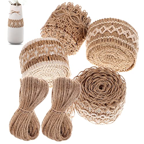 Homoyoyo 6Rollen Vintage Juteband Und Spitzenband Natürliches Sackleinenband Mit Spitzenborte Und Juteseil Für DIY Bastelarbeiten Geschenkverpackungen von Homoyoyo