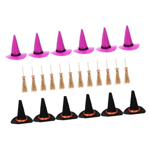 Homoyoyo Mini Halloween Hexenhüte und Besen Teilig Große Filzhüte in Schwarz und mit Mini Besen Dekoratives Puppenhaus Zubehör Kreative Mikro Landschaft Gestaltung von Homoyoyo