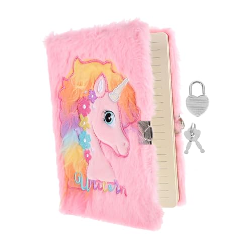 Homoyoyo Plüsch Notizbuch mit Schloss für Mädchen Kleines Flauschiges Tagebuch Niedliches Cartoon Journal Buch Leichtes Tragbares Schreibheft für Alltag und Schule Rosa Einhorn Design von Homoyoyo