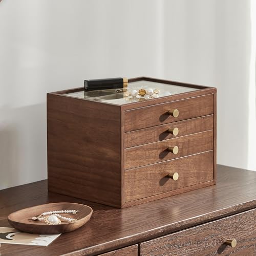 Homruilink Schwarze Schmuckschatulle aus Walnussholz, große 4-lagige Schubladenbox mit Glasdeckel für Halsketten, Uhren, Halsketten, Ringe, Ohrringe, Muttertagsgeschenke Homruilink Schwarze Schmuckschatulle aus Walnussholz, große 4-lagige Schubladenbox mit Glasdeckel für Halsketten, Uhren, Halsketten, Ringe, Ohrringe, Muttertagsgeschenke von Homruilink