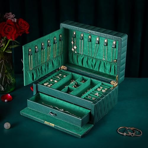 Homruilink Schmuckschatulle aus echtem Leder, 2-lagig, großer Schmuck-Organizer mit Spiegel, abschließbare Schmuckschatulle für Damen, Halskette, Ring, Ohrring-Organizer mit Schublade, Geschenk (grün) von Homruilink