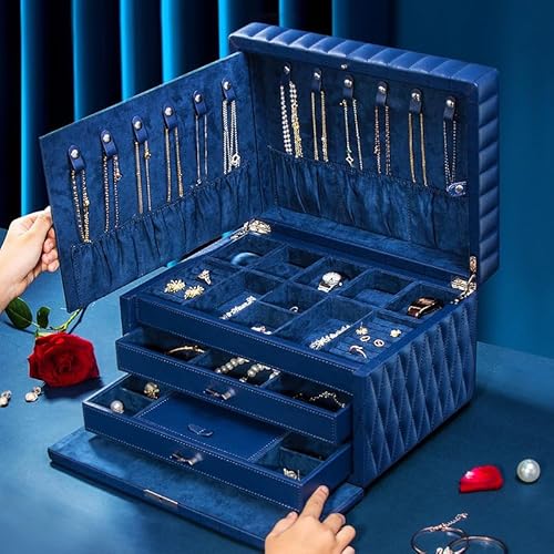 Homruilink Schmuckschatulle aus echtem Leder, 3-lagig, großer Schmuck-Organizer mit Spiegel, abschließbare Schmuckschatulle für Damen, Halskette, Ring, Ohrring-Organizer mit Schublade, Geschenke (blau von Homruilink