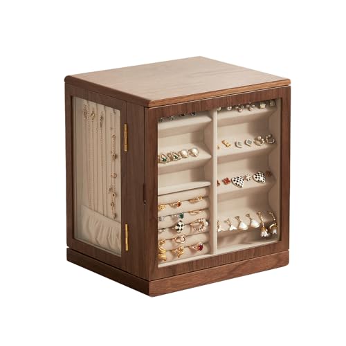 Homruilink Schmuckschatulle aus schwarzem Walnussholz, 360° drehbar, Schmuckaufbewahrungsbox mit 5 Schubladen, Glasfenster, vertikale Schmuckaufbewahrung, offenes Design, tolles Geschenk für Frauen Homruilink Schmuckschatulle aus schwarzem Walnussholz, 360° drehbar, Schmuckaufbewahrungsbox mit 5 Schubladen, Glasfenster, vertikale Schmuckaufbewahrung, offenes Design, tolles Geschenk für Frauen von Homruilink