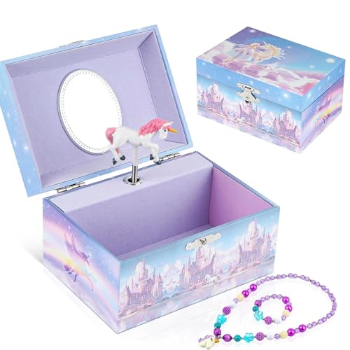 Homtibrm Musik-Schmuckschatulle für Mädchen Mit Einhorn-Schmuckset und Spieluhr, Kinder-Schmuckbox Mit Drehbarem Einhorn, Geburtstagsgeschenk Mit Verträumter Melodie von Homtibrm