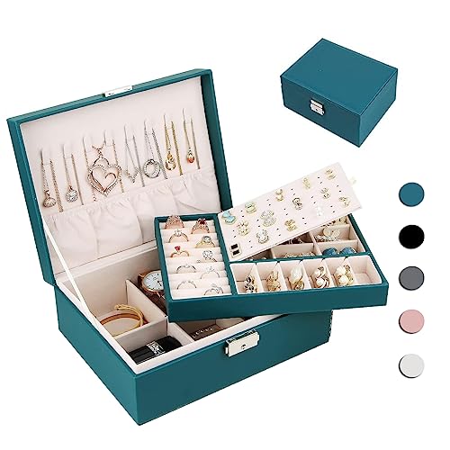 Homtibrm Schmuckkasten, Schmuckkästchen mit 2 Ebenen, PU-Leder Schmuckbox Schmuckschatulle Groß Schmuck Organizer für Ringe Ohrringe Armbänder Halsketten, Grün von Homtibrm