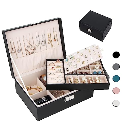 Homtibrm Schmuckkasten, Schmuckkästchen mit 2 Ebenen, PU-Leder Schmuckbox Schmuckschatulle Groß Schmuck Organizer für Ringe Ohrringe Armbänder Halsketten, Schwarz von Homtibrm