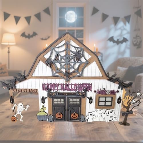 Halloween-Scheunen-Desktop-Kunstdekor, Halloween-Party-Dekorationen Für Den Innenbereich, DIY-handgefertigte Holzszenen-Dekoration, Gruselige Bauernhaus-Tischdekoration Mit Geist von Homtrator