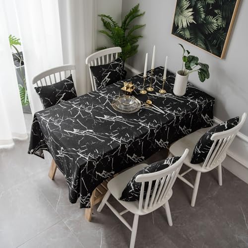 Homxi Abwaschbare Tischdecke Rechteckig 140 W x 220 L cm,Tischdecke Wohnzimmertisch Schwarz Marmormuster Leinen Baumwolle Tischdekoration von Homxi