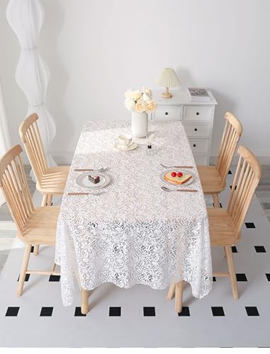 Homxi Outdoor Tischdecke Klein Rechteckig,80 W x 140 L cm,Tischdecke Polyester Stickerei Blumen und Spitze Weiß Tischdecke Balkon von Homxi