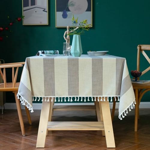 Homxi Tischdecke Outdoor Quadrat 110 W x 110 L cm,Tischdecke für Aussen Grau Beige Streifen mit Quasten Leinen Baumwolle Tischdecke Couchtisch von Homxi