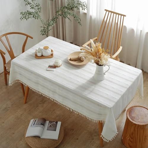 Homxi Tischdecke Outdoor Rechteckige 140 W x 180 L cm,Tischdecke Gartentisch Weiß Streifen mit Quasten Polyester Tischtuch für Gartentisch von Homxi