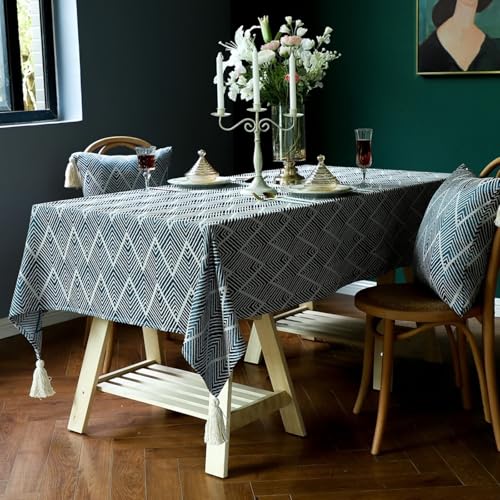 Homxi Tischdecke Rechteckig Abwaschbar 110 W x 170 L cm,Tischtuch Garten Blau Marine Gewellte Streifen mit Quasten Polyester Tischdecke für Balkontisch von Homxi