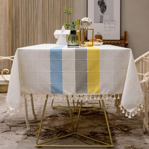 Homxi Tischdecke Rechteckig Abwaschbar 110 W x 170 L cm,Tischtuch für Draußen Blau Grau Gelb Spleißen Kariert mit Quasten Leinen Tischdecke für Balkon Homxi Tischdecke Rechteckig Abwaschbar 110 W x 170 L cm,Tischtuch für Draußen Blau Grau Gelb Spleißen Kariert mit Quasten Leinen Tischdecke für Balkon von Homxi