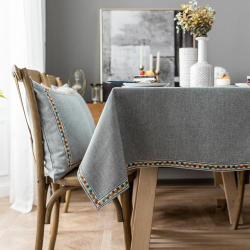 Homxi Tischtuch Outdoor Rechteckige 130 W x 220 L cm,Tischdecke für Garten Grau Einfarbig mit Gestickte Bordüre Baumwolle Leinen Tischdecke Balkon von Homxi