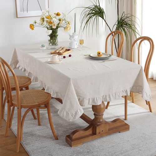 Homxi Tischtuch Rechteckig Klein 130 W x 180 L cm,Tischtuch für Tisch Beige Einfarbig mit Rüsche Baumwolle Tischdecke Gartentisch von Homxi