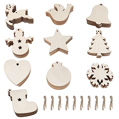 HonGien 100 Stück Unvollendete Holz Weihnachten Dekorationen, Weihnachtsanhänger DIY, Weihnachtsdekoration Holz Scheiben mit Jutefäden zum Bemalen und Verzieren DIY(10 Formen) von HonGien