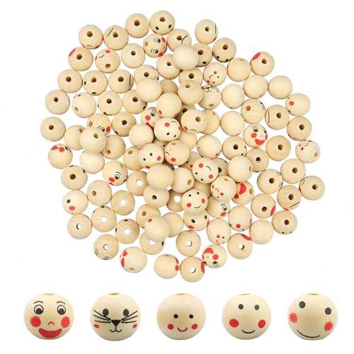 Honatrv 100Stück Holzperlen 20mm mit Loch und Gesicht, Holzperlen mit Gesicht, Holzkugeln mit 5mm Loch, Holzkugeln mit Gesicht für DIY Dekorationen Schmuck Schmuckzubehör Makramee, 5 Stile von Honatrv