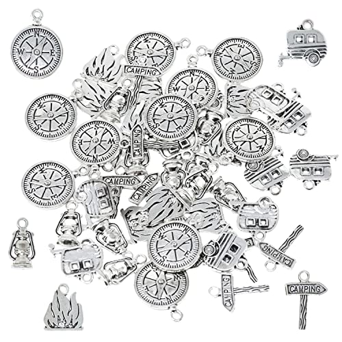 Honbay 50 Stück Legierung Camping Charms Anhänger Wohnmobil Anhänger Kompass Feuer Camping Schild Öllampe Charms für Ohrringe Armband Halskette Schlüsselanhänger Basteln (5 Stile) von Honbay