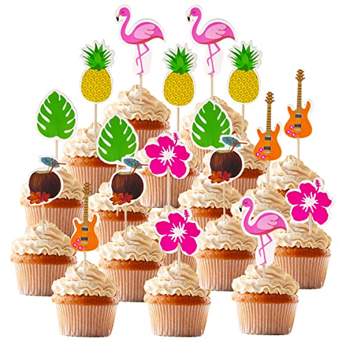 Honbay 72 Stück tropische Cupcake-Topper, hawaiianische Ananas-Blume, Palme, Flamingo-Gitarre, Cupcake-Picks für Sommer-Strand-Motto-Partygeschenke (6 Stile) von Honbay
