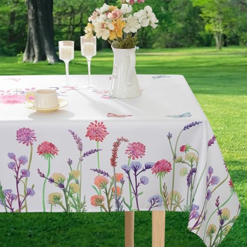Honellaty Frühlingstischdecke, 132 x 178 cm, rechteckig, Aquarell, Wildblumen, Schmetterling, Tischdecke, auslaufsicher, schmutzabweisend, dekorativer Stoff, Tischdecke für Esszimmer, Party, Picknick von Honellaty
